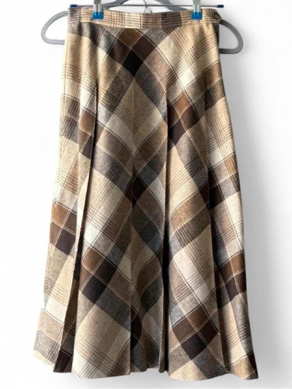 Union Label Vintage Panther Wool Brown Tan Plaid Pleated Long Skirt Size 7/8